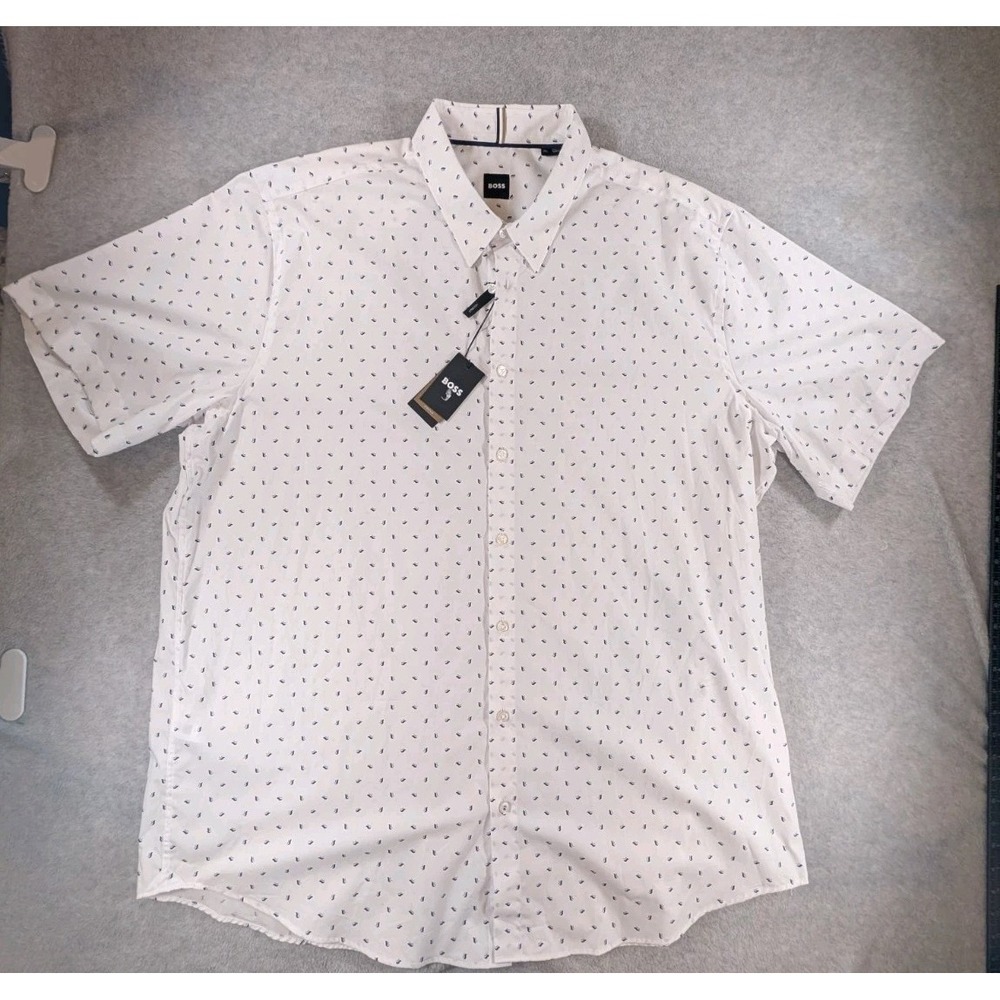 Hugo Boss Mens Short Sleeve Button Down Shirt White Geometric Micro Print 3XL - Picture 2 of 16
